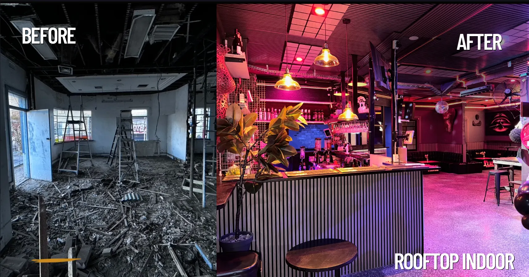 Rooftop Indoor before and after restoration
